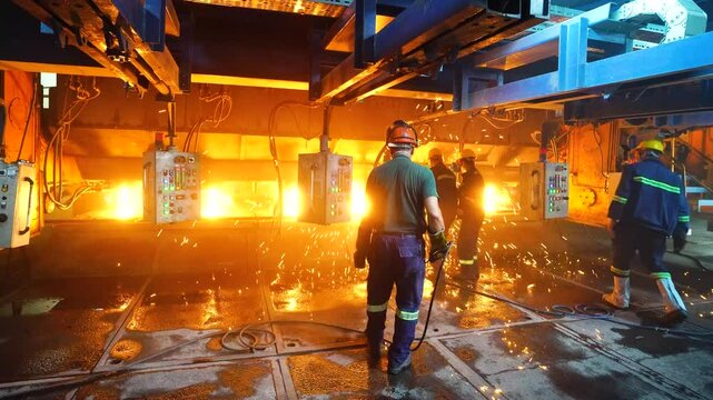 Metallurgical plant, foundry, red-hot billet in the form of a bar. Red-hot metal. Heavy industry. High Quality Steel Billets Manufactured