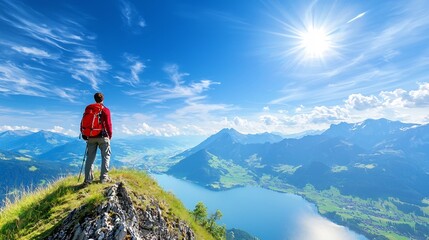 Fototapeta premium A person hiking stands on a ridge overlooking the breathtaking panoramic view of the Swiss Alps mountain range under a bright clear blue sky with fluffy white clouds