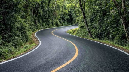 Fototapeta premium Serene Winding Road Through Lush Green Forest Landscape with Dense Trees Alongside, Ideal for Nature and Travel Themes in Photography Projects
