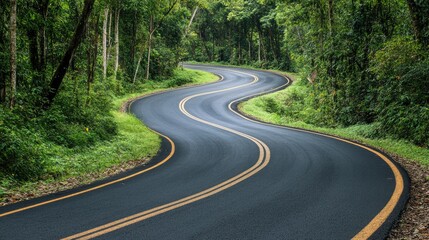 Fototapeta premium Serpentine Road Through Lush Green Forest Surrounded by Vibrant Trees and Natural Landscapes in Tropical Environment