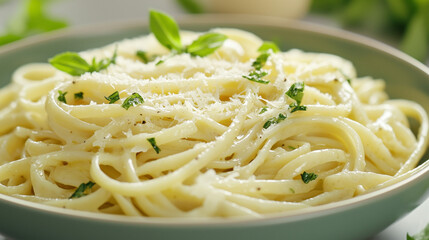 green bowl of creamy linguine topped with fresh herbs and grated cheese