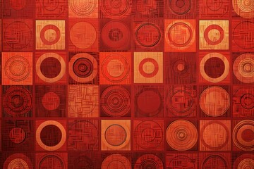 A red and orange patterned carpet with many circles