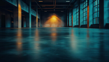 Multi purpose warehouse spaces. spacious, modern warehouse interior with polished concrete floors and large windows. ambient lighting creates serene atmosphere, perfect for various uses