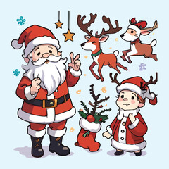 Cute hand drawn doodle chrismast vector set, santa claus, set collection merry.