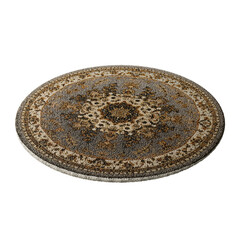 A round rug with a brown and tan design sits on a white background