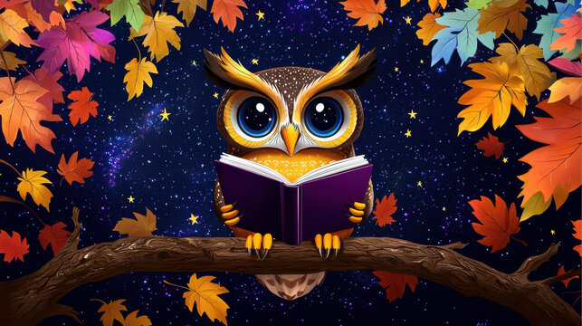 cute owl sitting on tree branch, reading book under starry night sky surrounded by colorful autumn leaves. scene evokes sense of wonder and tranquility