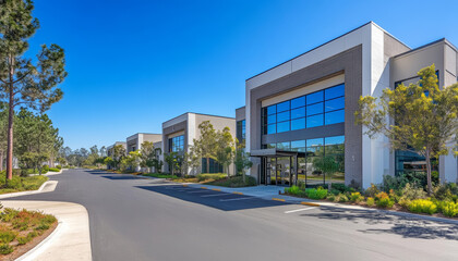 Multi purpose warehouse spaces. Modern commercial building with large windows and landscaped surroundings, showcasing clear blue sky. vibrant architecture enhances inviting atmosphere