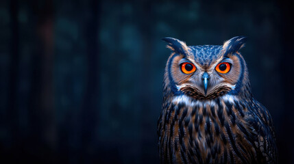 Majestic owl with glowing orange eyes in dark forest, captivating and mysterious. This front view showcases its intricate feathers and intense gaze, evoking sense of wonder
