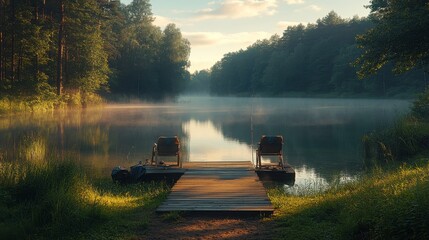 Fototapeta premium Serene Misty Lake at Dawn with Tranquil Dock Surrounded by Lush Green Forest and Calm Waters Reflecting Soft Sunlight