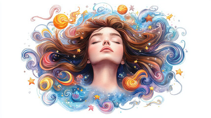 beautiful watercolor painting of ethereal woman with long hair, surrounded by colorful swirls, stars, and planets, evoking dreamy and cosmic atmosphere