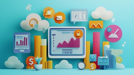 Obraz premium A whimsical paper cut depicting a digital marketing ecosystem represented by layered devices graphs dollar signs and other visual elements symbolizing technology analytics finance