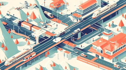 Futuristic multimodal transportation system featuring flying vehicles high speed trains and smart roads in a flat design representing the future of urban mobility and infrastructure
