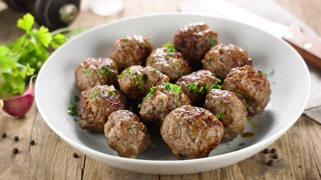 grilled meatball with herbs in bowl