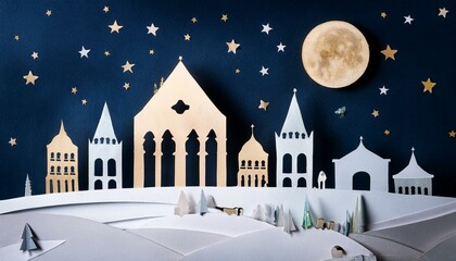 Fototapeta premium Bethlehem night scene with moon, mountains, and paper art-style buildings, creating a serene and festive illustration