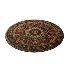 A round rug with a pattern of flowers and swirls