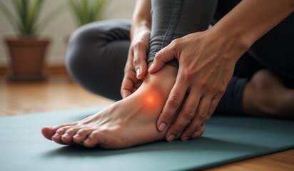 Hands comforting an injured ankle with visible pain spot