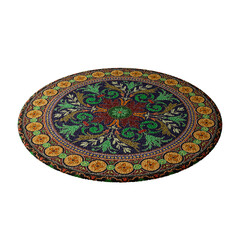 A colorful rug with a green leaf design