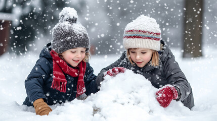 Children Building a Snow Fort on a Winter Day