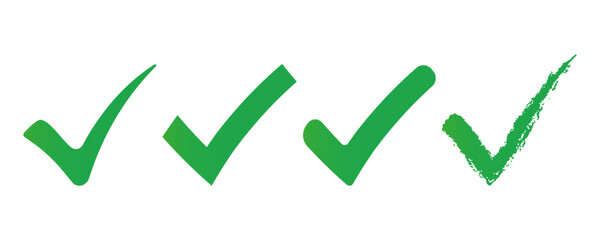 Set of different green checkmark icons on isolated background. Tick collection. Vector.