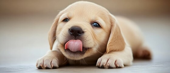 A cute yellow puppy playfully sticks out its tongue while lying on a soft surface, bringing joy and warmth on National Puppy Day
