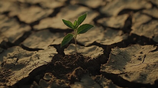A young plant emerges victoriously from the dry cracked earth symbolizing the resilience of nature and the enduring spirit of hope in the face of climate change challenges
