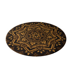 A round rug with a gold and black design