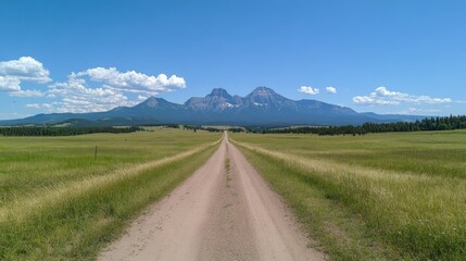 Fototapeta premium Scenic Dirt Road Leading to Majestic Mountains Under Bright Blue Sky, Surrounded by Greenery and Tranquil Fields in Outdoor Nature Setting