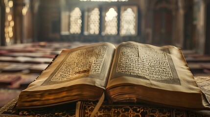 An open Quran lies on an ornate stand, surrounded by a serene, sacred space filled with books.