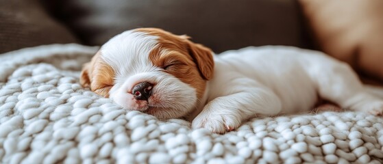 A small puppy with white and brown fur snoozes contentedly on a soft blanket, surrounded by a relaxed atmosphere, celebrating National Puppy Day