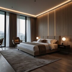 Fototapeta premium Modern bedroom with large windows, wooden wall paneling, and comfortable bed.