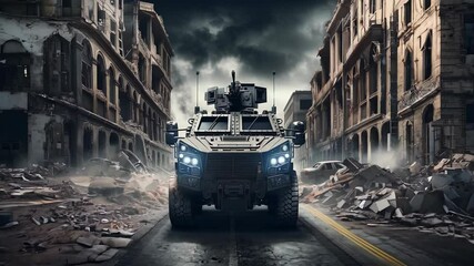 Armored military vehicle in destroyed city