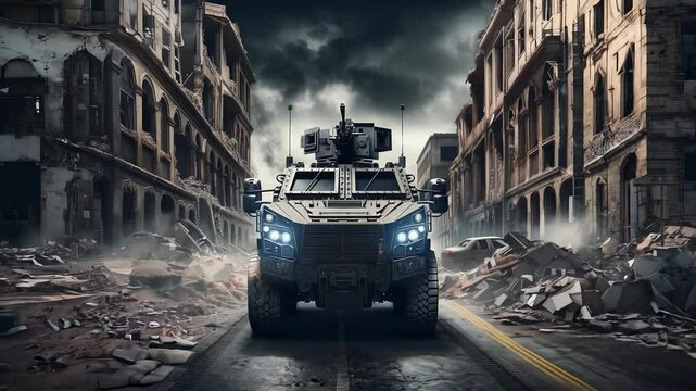 Armored military vehicle in destroyed city