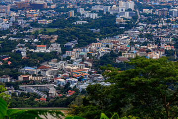 Fototapeta premium Natural background, high angle from the high mountains that can see the scenery around, the wind blows through the cool, blurred of traveling, the integrity of the moist forest.