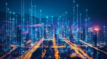 Fototapeta premium Mesmerizing cityscape of a glowing futuristic metropolis at night with towering skyscrapers and dazzling lights outlining the roads and infrastructure A visually stunning