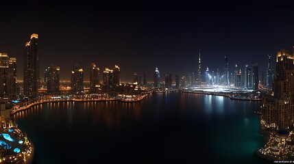 Obraz premium Mesmerizing panoramic view of a modern city at night with glowing lights illuminating the towering skyscrapers urban architecture and waterfront reflections