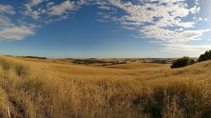 Obraz premium Scenic Wide-Angle View of Golden Wheat Fields Under Bright Blue Sky with Soft Clouds and Rolling Hills in Background during Daylight