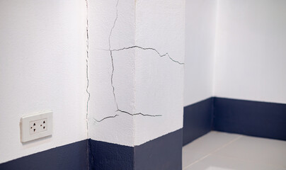 Wall Cracked, Concrete wall broken inside house, cement corner that effected with earthquake or collapsed ground, Construction problems from using poor quality materials or substandard craftsmanship