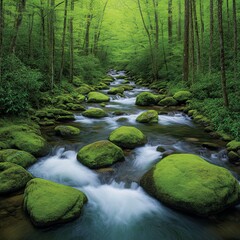 Obraz premium Serene stream flows through lush green forest, moss-covered rocks.