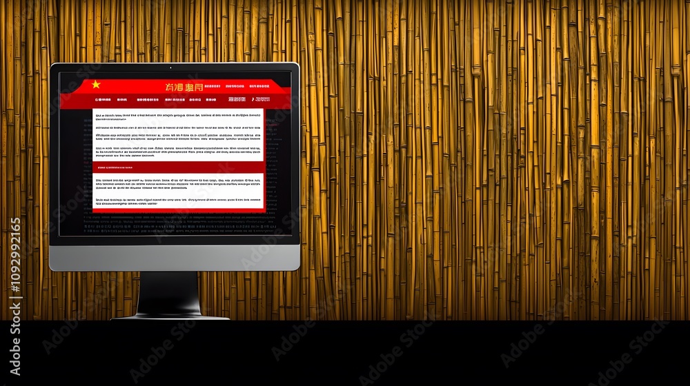 Wall mural person looking at a computer screen displaying a blocked website message with a bamboo curtain backg