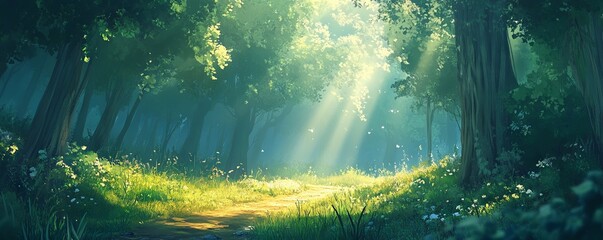Sunlit Path Winding Through a Lush Green Forest. AI generated illustration