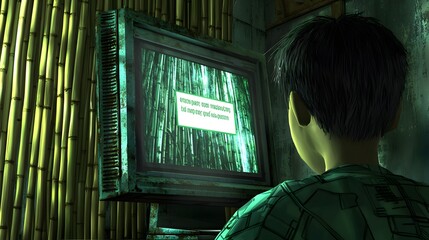 Person looking at a computer screen displaying a blocked website message with a bamboo curtain background. The Great Firewall of China. Copy space. 