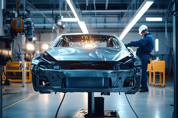 Expert car repair technician welding vehicle body on stand after collision in modern workshop