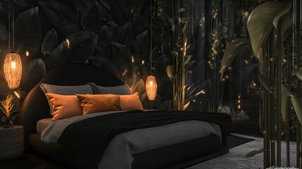 Luxurious dark bedroom interior features an elegant bed with orange pillows and tropical plants, ideal for hotel advertising or upscale design concepts.