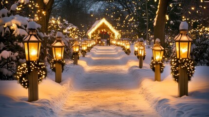 Fototapeta premium A snowy pathway illuminated by lanterns and festive lights leading to a cozy cabin.