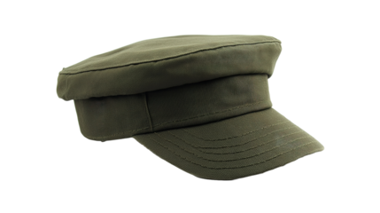 Isolate action of wearing olive green cadet cap home setting product showcase indoor environment close-up fashion statement