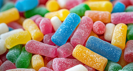 A pile of colorful gummy candies with a clear sugar coating