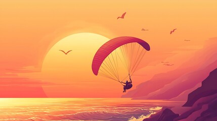of a paramotor pilot gracefully soaring across the vibrant sunset sky their silhouette captured against the tranquil coastal landscape and rolling waves below