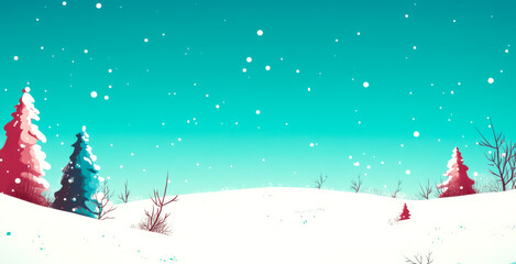 Naklejka premium A snowy landscape with two trees and a blue sky. The trees are covered in snow and the sky is clear