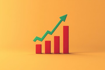 Red bar chart with green upward arrow on orange background