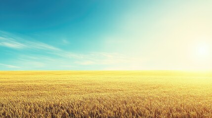 Naklejka premium Golden Wheat Field Under Bright Blue Sky and Shining Sun, Representing Nature's Beauty, Farming Abundance, and Scenic Rural Landscapes